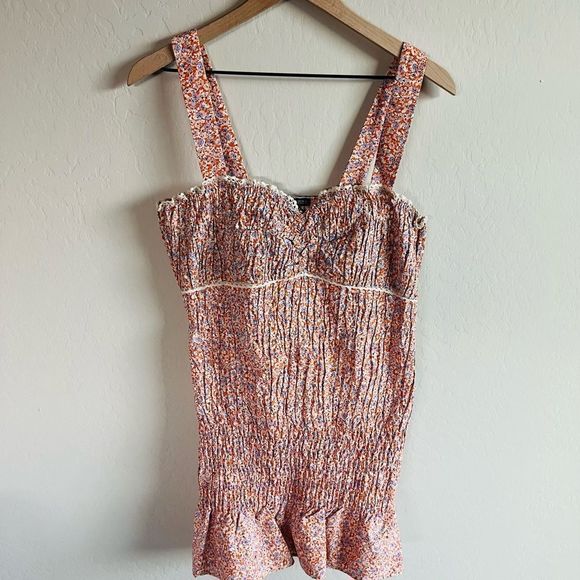 Zara Women’s Orange Floral Ruffle Smocked Mini Bodycon Boho Dress NWOT Size L - Picture 6 of 8
